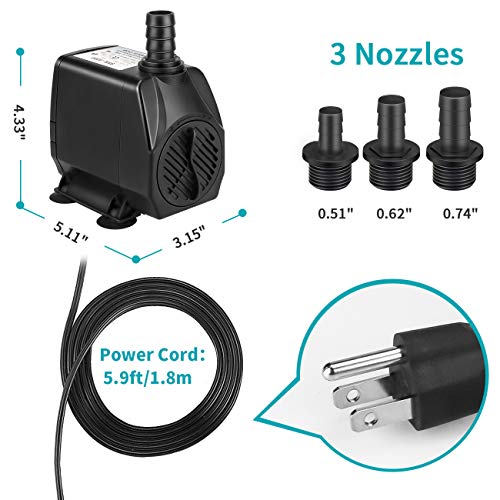 Winkeyes 1050GPH 100W Water Pump with Anti Dry Burning, Ultra Quiet Submersible Fountain Aquarium Fish Pond Hydroponic Pump with 13ft High Lift, 5.9ft Power Cord, 3 Nozzles