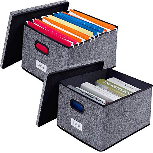 homyfort File Storage Organizer Box - 2 Pack, Collapsible Linen Fabric Decorative Box, Office Filing Holders and Easy File Folder for Closet Shelves Gray