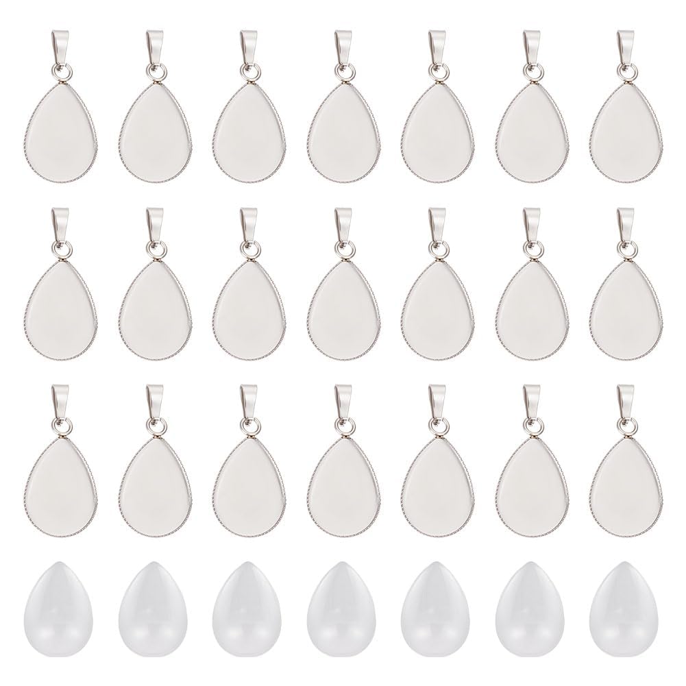 UNICRAFTALE About 30Sets Teardrop Cabochon Pendant 304 Stainless Steel Cabochon Blanks Bezel Pendant Sets 17.5x13mm Tray Blanks Pendant with Glass Cabochons for Photo Necklace Pendant Jewelry Making