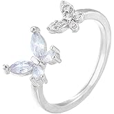 NORLSO Silver Butterfly Ring - Dainty Crystal Zircon Open Adjustable Statement Ring - Cute Promise Engagement for Women Bride