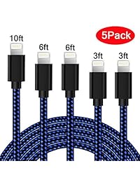 Cable de carga Lightning para iPhone, cable de carga de nailon trenzado, paquete de 5 unidades, 3FT 6FT 10FT MFI certificado largo cable USB rápido iPhone cable compatible iPhone XS Max XR X 8P 8 7P 7 6S iPad iPod IOS (negro y azul)