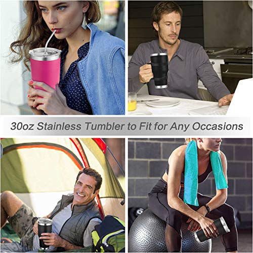30oz Tumbler, 2 Packs Stainless Steel Double Wall Vacuum Insulated Tumbler Travel Mug With 8Pcs Reusable Straw, 2Pcs Slider Lid, 2Pcs Cleaning Brush, 2Pcs Handles (Black + Rose)