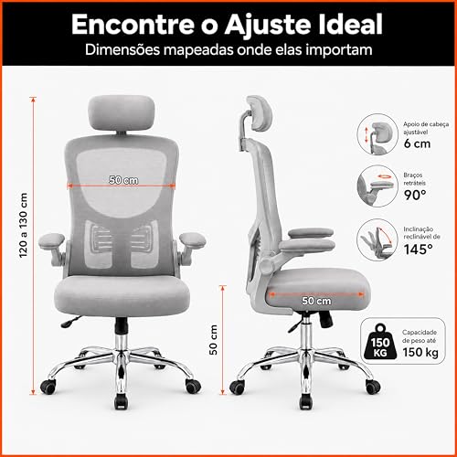 Laruno Cadeira de Escritório Ergonômica Premium NR17 Cinza Giratória Reclinável 145 Graus com Suporte Lombar Encosto Mesh Respirável Cadeira Gamer com Regulagem de Altura e Rodinhas Suporta até 120kg