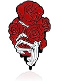Red Rose Bouquet Skull Hand Brooch Lapel Pin Enamel Flower Rock Skeleton Halloween Horror Badge Pins Suit Dress Hat Jacket Jeans Accessories Brooches for Women Men Punk Jewelry Holiday Costume Decor