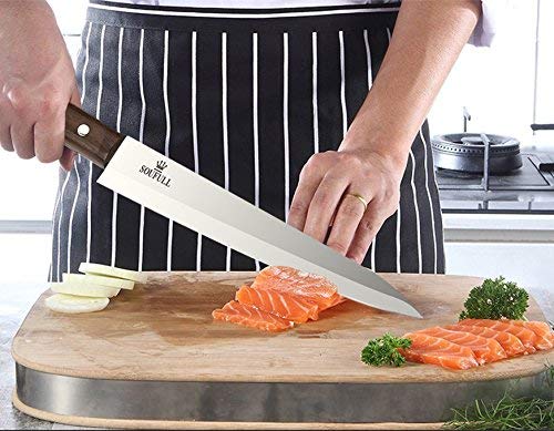 Professional Sashimi Sushi Knife,2/3 Tang Unbroken Soufull Japanese Surgical Grade stainless steel,325mm with Razor Sharp Blade, Gray Leather Wooden Handle with Double Riveted-Durable with Gift Box - Thumbnail 5