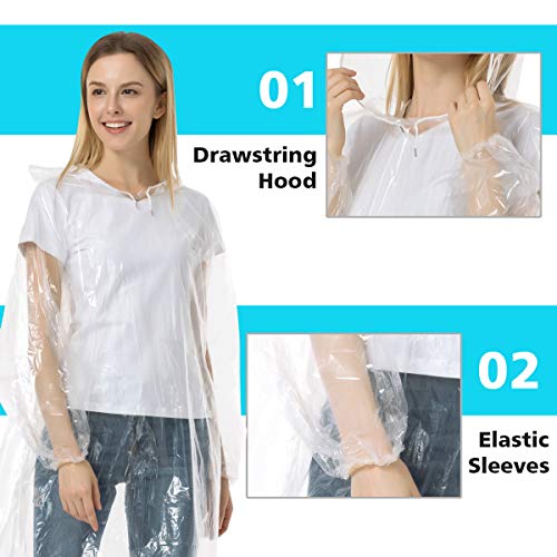 Disposable Rain Poncho Plastic Raincoat - 5 Pack Thick Emergency Rain Ponchos for Adults Men and Women with Drawstring Hood Clear Rain Gear for Disney Hiking Travel Concerts and Sport Events