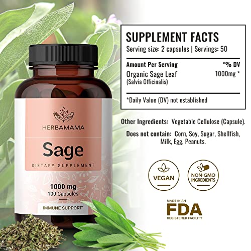 HERBAMAMA Sage Capsules 1000mg, 100 Capsules Organic Salvia