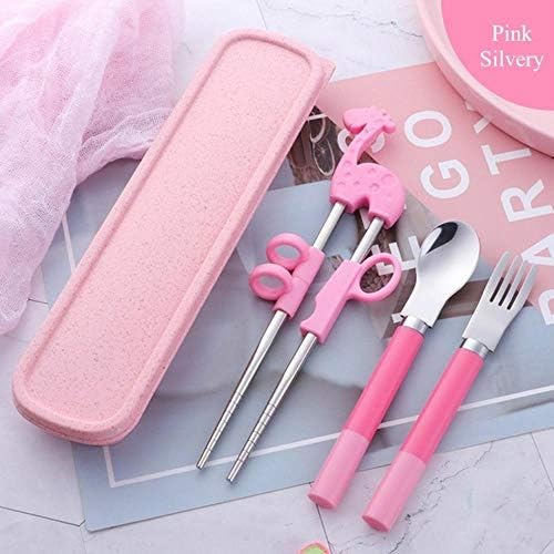 WUSYO 4pcs/set Children Funny Cartoon Stainless Steel Fork Spoon Chopsticks Set Kids Learning Practice Baby Training Tableware Cutlery,pink silver