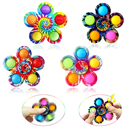 Pop Fidget Spinner Toys 4 Pack, Tie-Dye Simple Dimple Fidget Toys, Push Bubble Spinner Fidget Set for Kids, ADHD Anxiety Stress Relief Toy for Adults, Party Favor Hand Sensory Tie Dye Popper Spinners