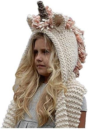 Marlong Girls Kids Crochet Cartoon Unicorn Winter Hat with Scarf Pocket Hooded Knitting