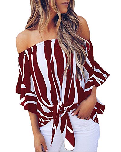 LuckyMore Womens Striped Off Shoulder Bell Sleeve Shirt Tie Knot Summer Blouses Tops (XL, Wine Red)