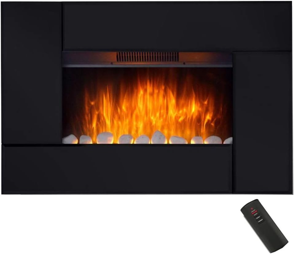 Electric Fire Black Glass Slim Fireplace Wall Mounted Mirror Living Flame Heater Amazon Co Uk Kitchen Home