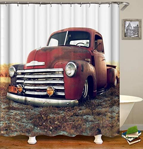 OCCIGANT Home Decor Waterproof Polyester Shower Curtain Cool Red Retro Cars Parked in The Fields with Hooks
