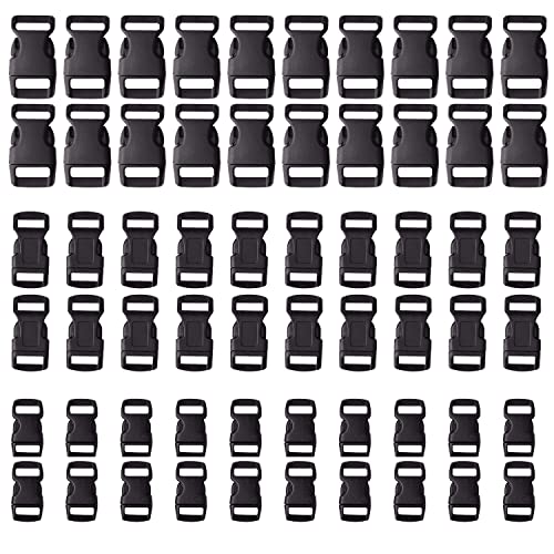 Golden Pearl 5/8, 1/2, and 3/8 inch(20 Each) Black Plastic Contoured Side Release Buckles for Paracord Bracelets-60pcs