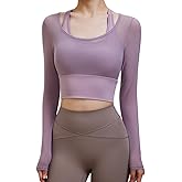 Harssidanzar Women's 2 in 1 Yoga Long Sleeve Mesh Gym Athletic Tops Workout Shirts with Medium Support Sports Bra CL301US