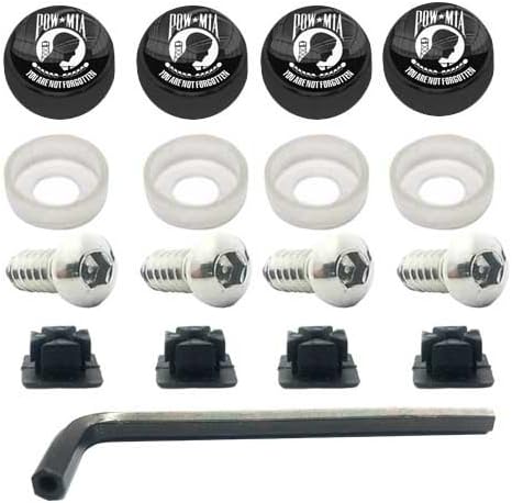 Tricktoppers Stainless Steel Rust Resistant License Plate Frame Security Anti-Theft Self Tapping Security Screws Fasteners Kit With Installation Tool Wrench Black Screw Caps - Military Veteran Pow Mia