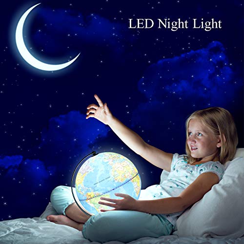 Illuminated World Globe lamp- Larger Size 12"-2-in-1 Geographic Globes with LED Light Desktop World Globe with Stand Discovery Educational World Globes for Kids - Geography Learning Toy