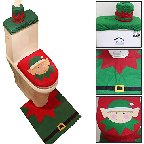 Festive Christmas Bathroom Decoration Set, 3-Piece Plush Snowman and Santa Toilet Seat Cover and Rug Set with Tank Tissue Box Cover For Holiday Bathroom Ornament (Santa Elf)