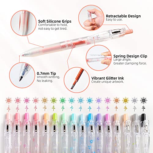 HANKU Glitter Gel Pens 8 Color Retractable Glitter Gel Pen Set 0.7mm