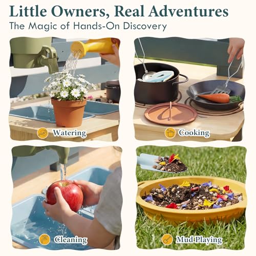 Lehoo Castle Wooden Outdoor Mud Kitchen for Children, Play Kitchen with Real Sink Kitchen Accessories, Garden Toy for Cooking, Casting, Sensory Play, Montessori Learning Toy from 3 Years