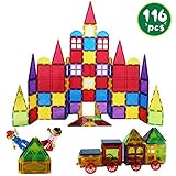 Romboss 116 Pcs Magnetic Tiles Set Includes 2 Cars STEM 3D Magnets Building Blocks Preschool Educational Toys for Children Kids Toddler