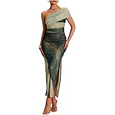 Floerns Women's Summer One Shoulder Long Dress Tie Dye Mesh Vacation Slit Bodycon Maxi Dresses