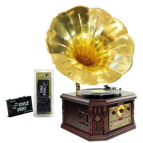 Pyle Turntable Record Player and Pre-Amplifier Package - PVNP4CD Vintage Phonograph Horn Turntable With CD, Cassette, AM/FM, Aux-In, USB-to-PC Recording - PP999 Phono Turntable Pre-Amplifier