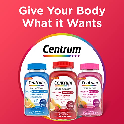 CENTRUM MULTIGUMMIES MULTI+ OMEGA 3 DUAL ACTION, ADULT MULTIVITAMIN, MULTIVITAMIN/MULTIMINERAL/OMEGA 3 SUPPLEMENT, STRAWBERRY/LEMON/ORANGE FLAVORS – 110 COUNT