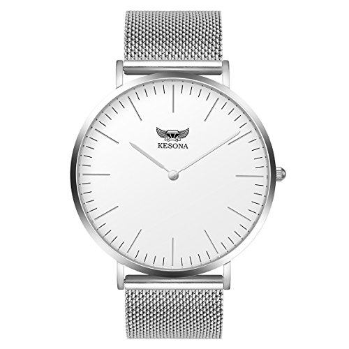 Women Waterproof Watches- KESONA Japanese Movement Elegant Casual Wrist Quartz Watch- Ultra Thin Stainless Steel Silver Mesh Strap- Sapphire Glass Watch- White dial