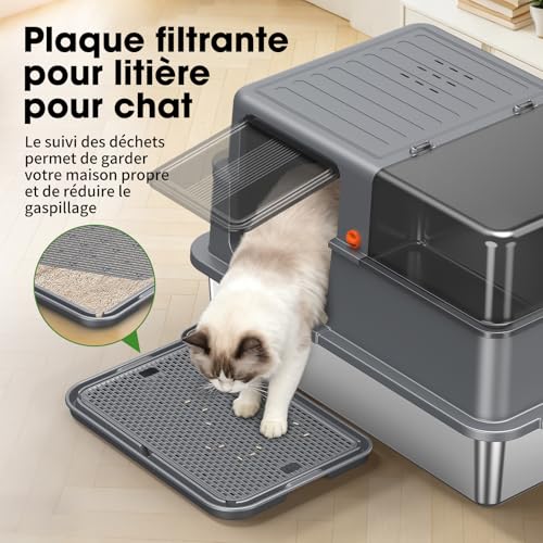 Stainless Steel Litter Tray XXXL – Large Open Cat Litter Tray, Dark Grey | Leak-proof high edges, semi-transparent panels, removable deep bowl, non-stick surface, easy to clean