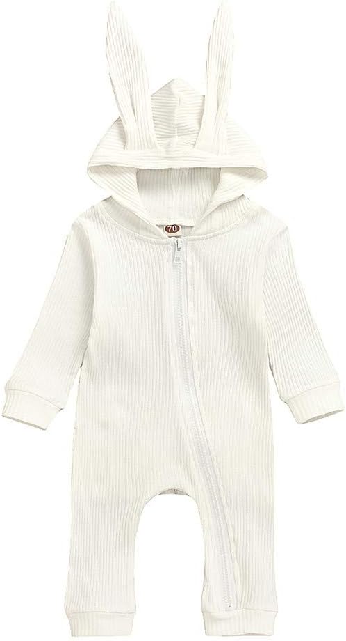 YSpoe Newborn Baby Romper Long Sleeve Bunny Ear Hooded Ruffle Jumpsuit Casual Cartoon Zip Bodysuit Cute Home Wear For 0-24 Months