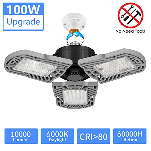 LED Garage Light, 100W Deformable E26 LED Garage Ceiling Lighting 10000LM, 3 Wing Adjustable Aluminum Commercial LED Light,Shop Light, Barn Light, High Bay Light