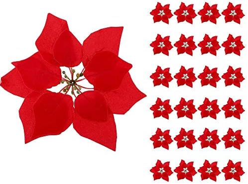 HMILYDYK Xmas Tree Ornaments 8 INCH Red Poinsettia Flowers Festival Decor Artificial Flowers, 24PCS