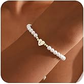 Gold Pearl Bracelets for Women, 14K Gold Plated Initial Bracelets for Women Heart Charm Bracelets Dainty Pearl Bracelets Jewelry for Women Trendy