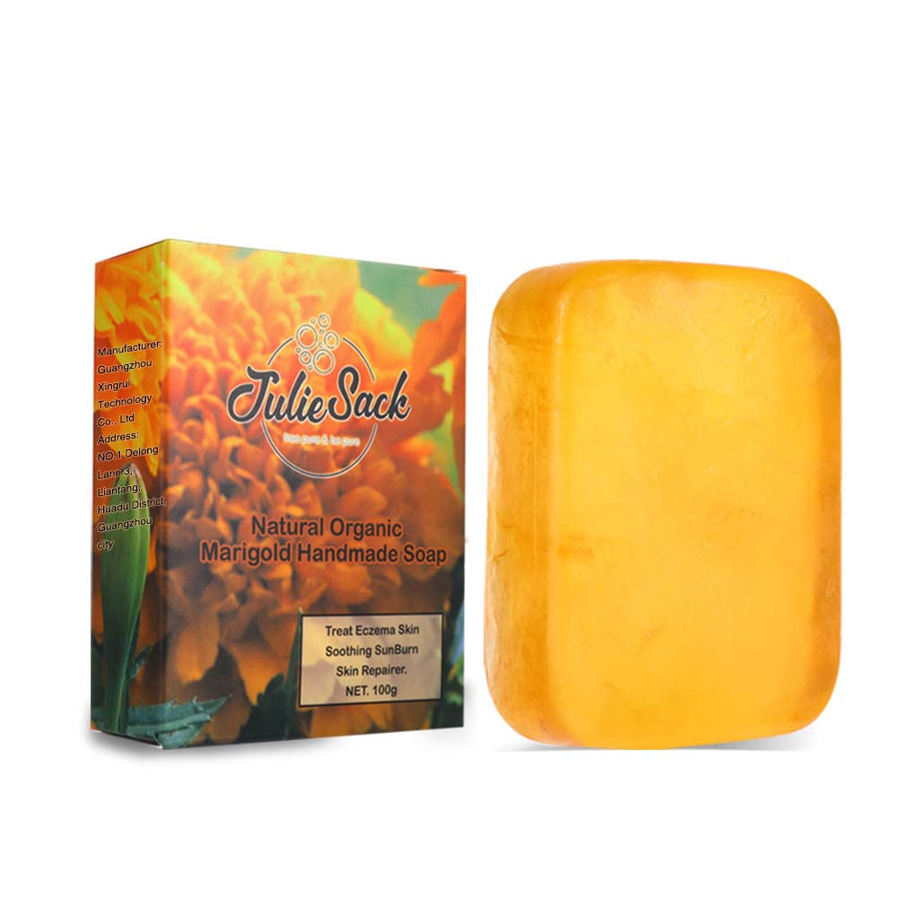 JulieSack Natural Organic Marigold Handmade Deep Cleansing Exfoliating Soap Bar – 100g with Marigold Extract, Sweet Almond Oil, Shea Butter, Coconut Oil |Moisturising Both Face and Skin