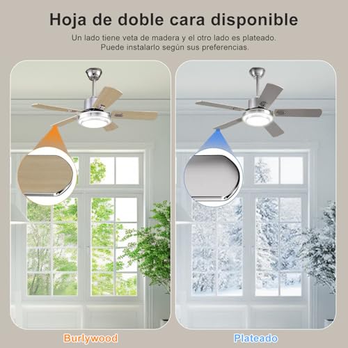Ventilador de Techo con Luz LED 42" - Abanico de Techo Silencioso con Motor DC, 6 Velocidades, Aspas Reversibles (Madera/Plateado), Control Remoto, Ideal para Sala, Dormitorio u Oficina,5 aspas