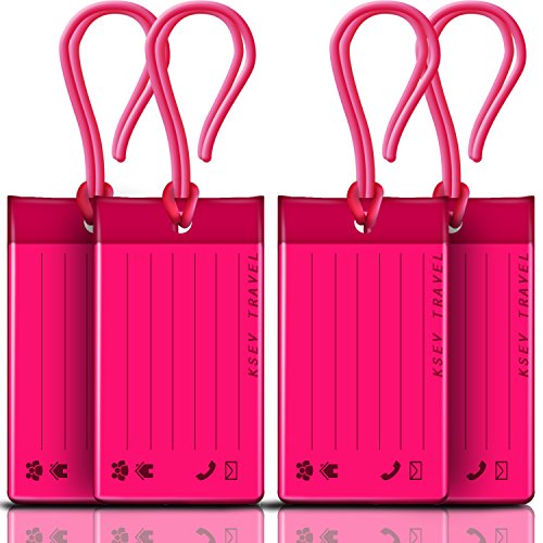 Luggage Tags 4 PACK, KSEV Travel Tags, ID Labels, Name Card Holder for Baggage Bags Suitcases Backpacks (Pink)