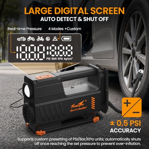 TowerTop Tyre Inflator Air Compressor: 5X Faster Heavy Duty 12V Car Tyre Pump, Auto-Stop & Memory, High Precision Gauge, 500lm LED Torch, 3.5M Cord, All-in-One Design 30S Fast Inflation with Handbag