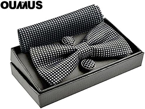 OUMUS Pre-Tied Adjustable Bow Tie & Handkerchief & Cufflinks Set for Wedding Party