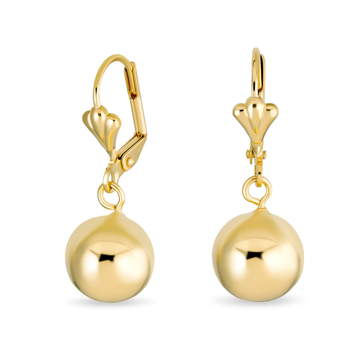 Classic Elegant Simple Round Light Weight Dangle Lever Back Drop Ball Earrings For Women Polished Yellow Gold Plated Brass 10MM