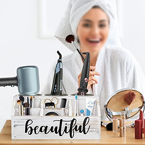 Wooden Hair Tools Organizer, Rustic Hair Dryer Holder, Bathroom