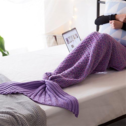 iSunShine Mermaid Tail Blanket Crochet for Kids and Adult, Soft Knitted Blanket Sleeping Bag, 32"x71", Colored+Violet