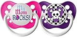 Ulubulu Expression Pacifier Set for Girls, My Mom Rocks and Purple Skull Checker, 6-18 Months