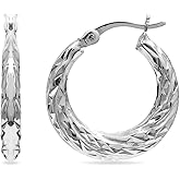 LeCalla 925 Sterling Silver Diamond Cut Hoop Earrings | Hypoallergenic Small Click-Top Jewelry | Handmade Hammered Textured Earring Hoops for Women