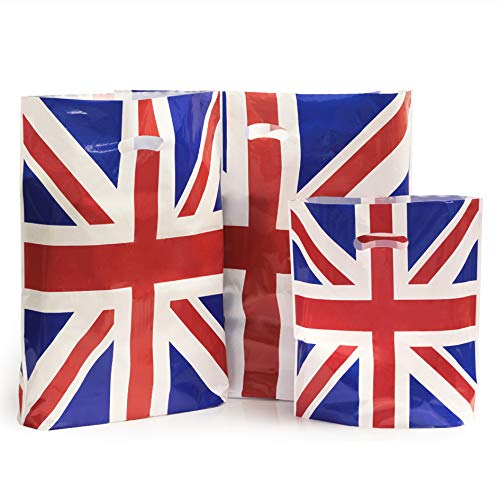 My Shopfittings 100x HEAVY DUTY STRONG COLOREDFULL PLASTIC CARRIER PATCH HANDLE BAGS, PARTY, BOUTIQUE GIFT BAGS (Union Jack, 10 x 12) โ image 1