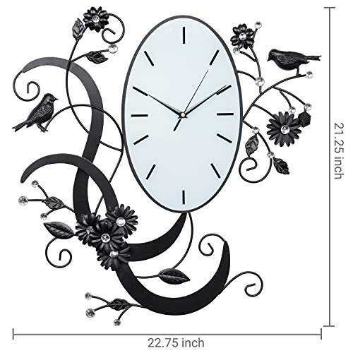 Birds & Flowers Design Black Metal Analog Wall Clock / Wall Mounted Decorative Accent with