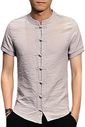 RRINSINS Mens Summer Plain Kungfu Solid Short Sleeve Frog Button Shirt Grey XXS