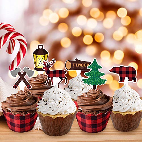 48Pcs Lumberjack Cupcake Toppers & Wood Grain Buffalo Plaid Wrappers