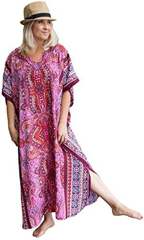 Women's Fuchsia Long Lounger - Printed V-Neck Silky Caftan Dress