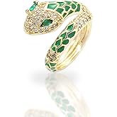 Jean Beau Cute Snake Adjustable Open Gold Ring for Women - Sparkly Vintage Wrap Stacking Animal Green Enamel Eye Fashion Statement Love Promise Costume Finger Cocktail Party Jewelry Gift